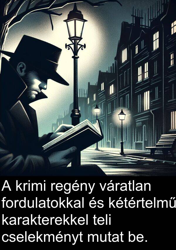 mutat: A krimi regény váratlan fordulatokkal és kétértelmű karakterekkel teli cselekményt mutat be.