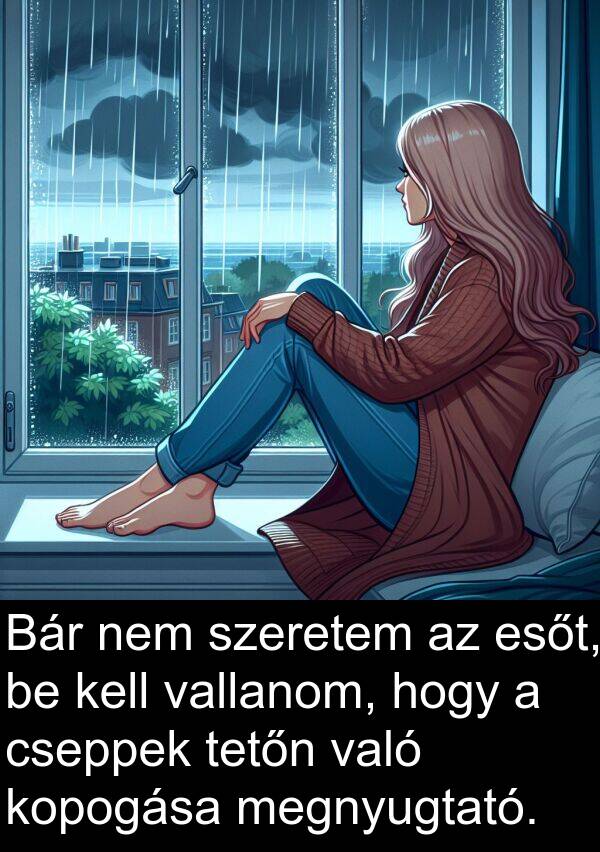 megnyugtató: Bár nem szeretem az esőt, be kell vallanom, hogy a cseppek tetőn való kopogása megnyugtató.