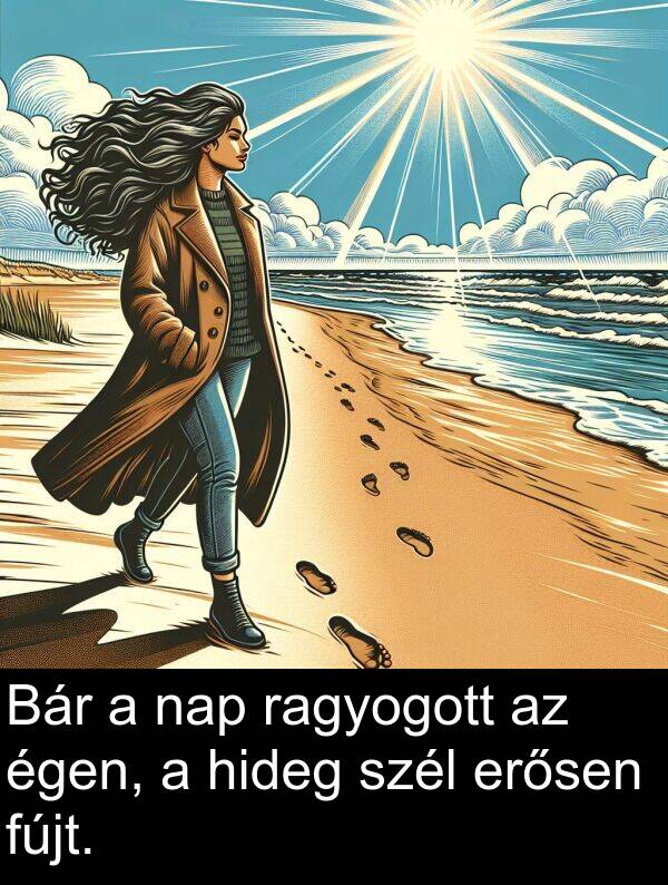 ragyogott: Bár a nap ragyogott az égen, a hideg szél erősen fújt.
