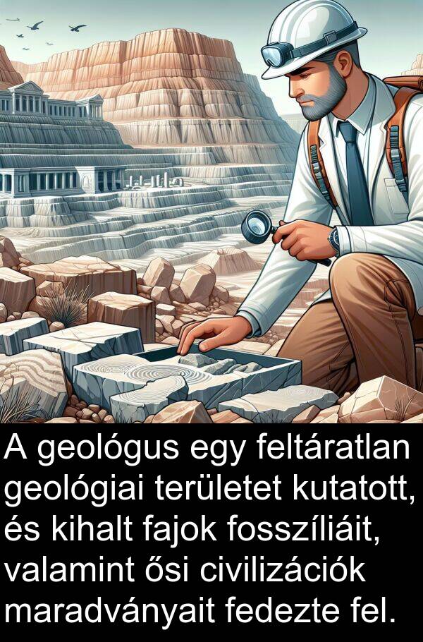 valamint: A geológus egy feltáratlan geológiai területet kutatott, és kihalt fajok fosszíliáit, valamint ősi civilizációk maradványait fedezte fel.