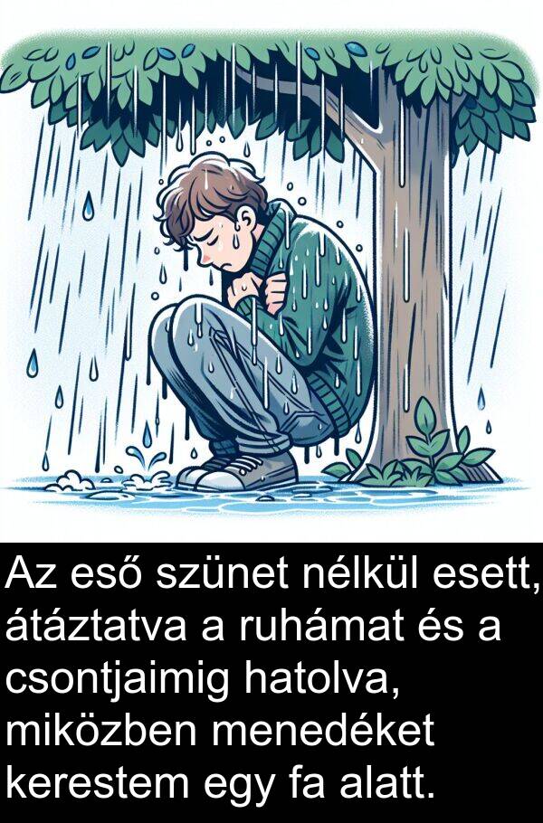 csontjaimig: Az eső szünet nélkül esett, átáztatva a ruhámat és a csontjaimig hatolva, miközben menedéket kerestem egy fa alatt.