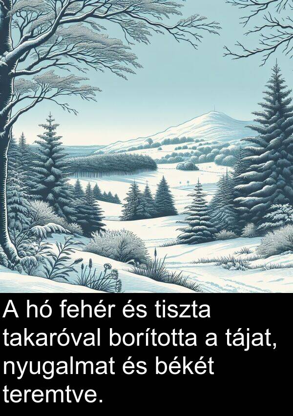 tájat: A hó fehér és tiszta takaróval borította a tájat, nyugalmat és békét teremtve.
