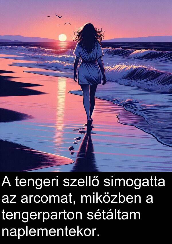 naplementekor: A tengeri szellő simogatta az arcomat, miközben a tengerparton sétáltam naplementekor.