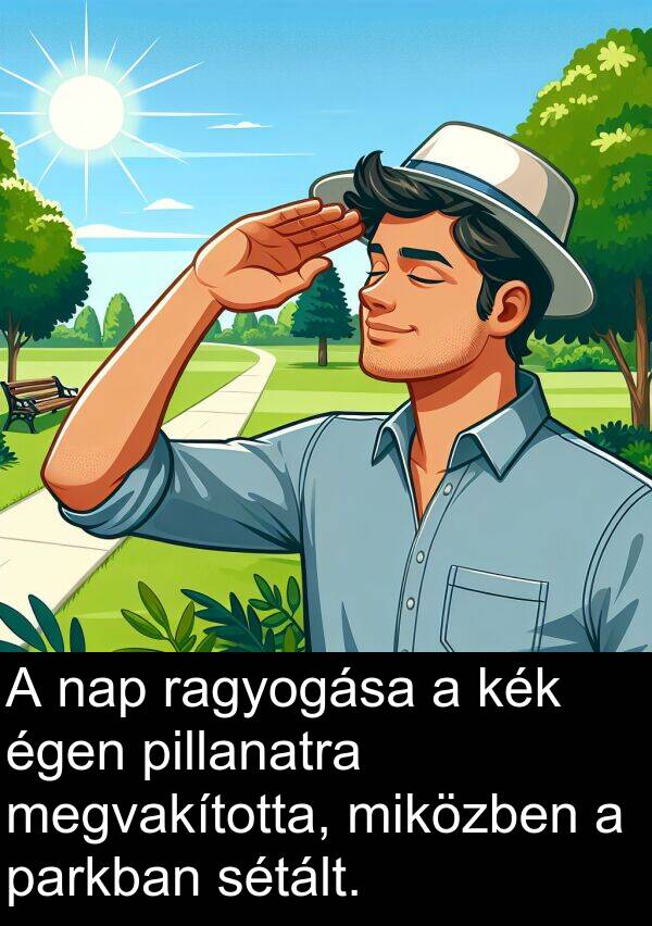 pillanatra: A nap ragyogása a kék égen pillanatra megvakította, miközben a parkban sétált.