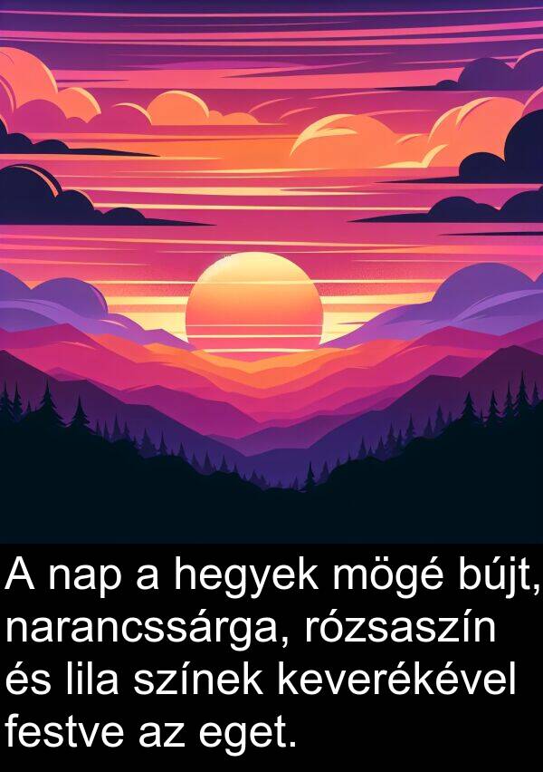 mögé: A nap a hegyek mögé bújt, narancssárga, rózsaszín és lila színek keverékével festve az eget.