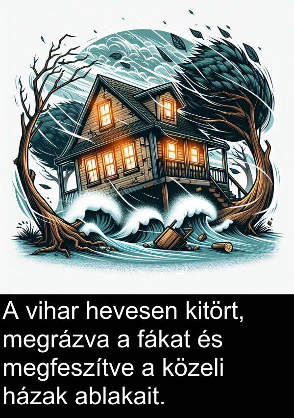 megrázva: A vihar hevesen kitört, megrázva a fákat és megfeszítve a közeli házak ablakait.
