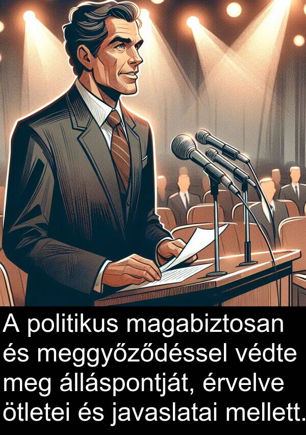 magabiztosan: A politikus magabiztosan és meggyőződéssel védte meg álláspontját, érvelve ötletei és javaslatai mellett.