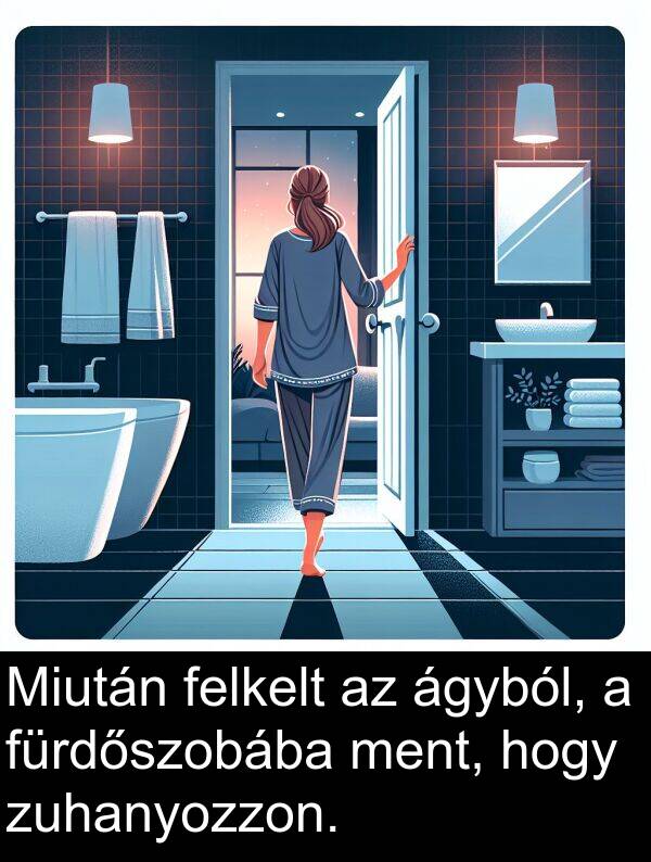 ágyból: Miután felkelt az ágyból, a fürdőszobába ment, hogy zuhanyozzon.