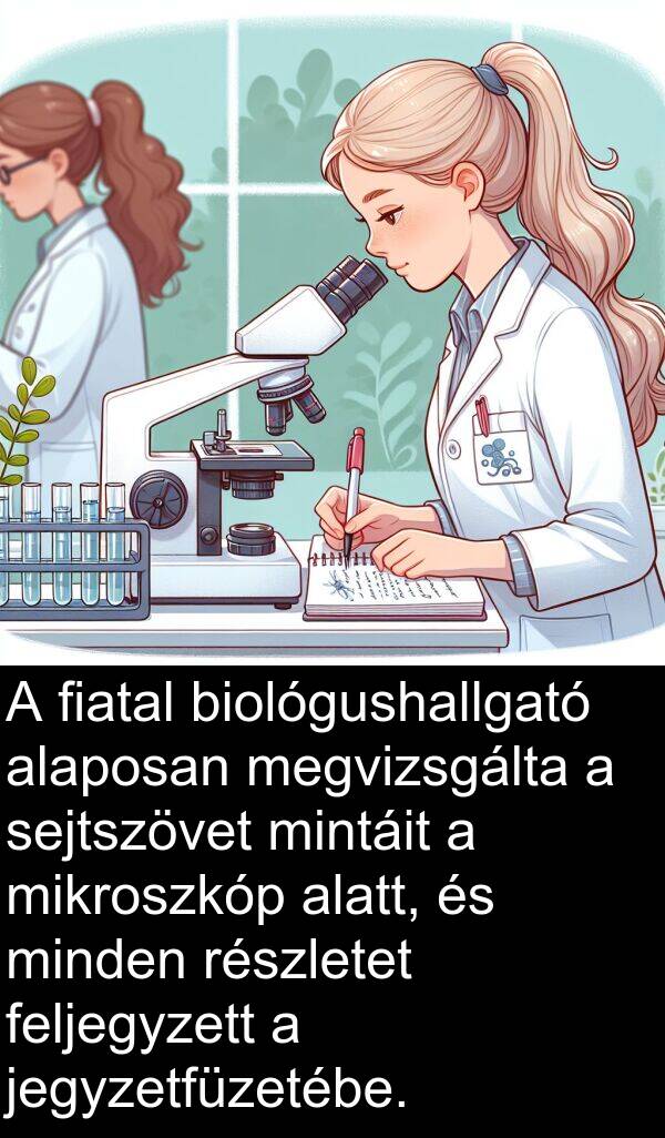 jegyzetfüzetébe: A fiatal biológushallgató alaposan megvizsgálta a sejtszövet mintáit a mikroszkóp alatt, és minden részletet feljegyzett a jegyzetfüzetébe.