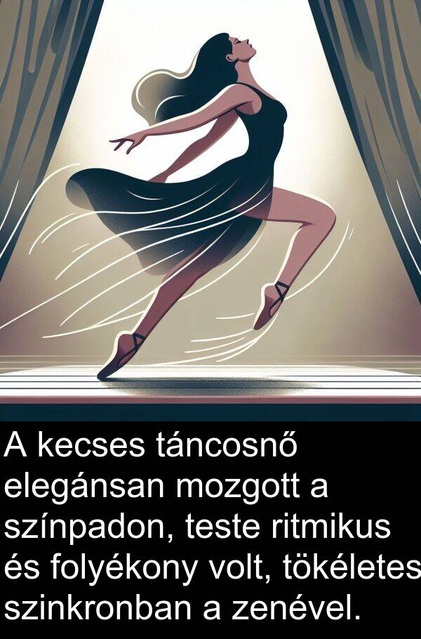 zenével: A kecses táncosnő elegánsan mozgott a színpadon, teste ritmikus és folyékony volt, tökéletes szinkronban a zenével.