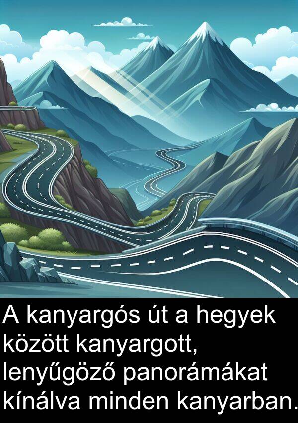 panorámákat: A kanyargós út a hegyek között kanyargott, lenyűgöző panorámákat kínálva minden kanyarban.