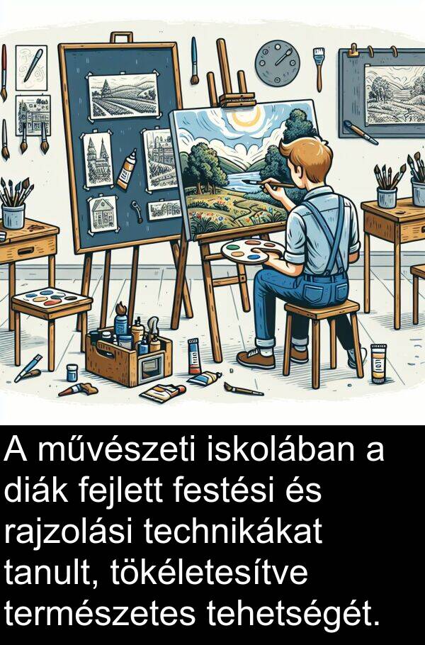 rajzolási: A művészeti iskolában a diák fejlett festési és rajzolási technikákat tanult, tökéletesítve természetes tehetségét.