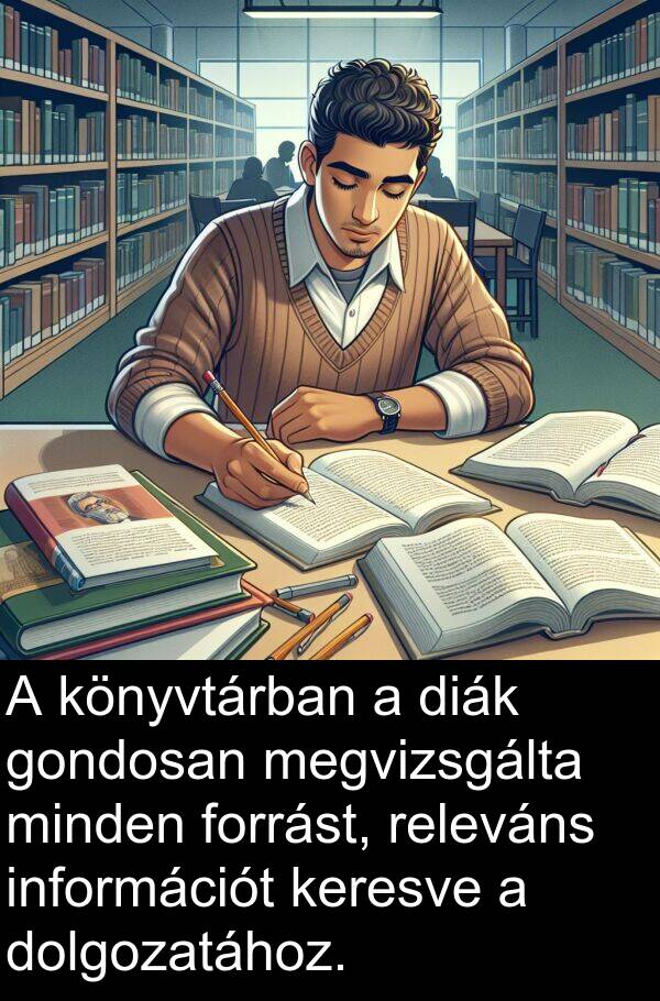 megvizsgálta: A könyvtárban a diák gondosan megvizsgálta minden forrást, releváns információt keresve a dolgozatához.