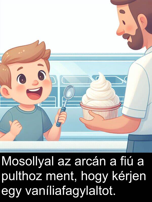 pulthoz: Mosollyal az arcán a fiú a pulthoz ment, hogy kérjen egy vaníliafagylaltot.