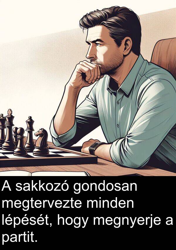 sakkozó: A sakkozó gondosan megtervezte minden lépését, hogy megnyerje a partit.