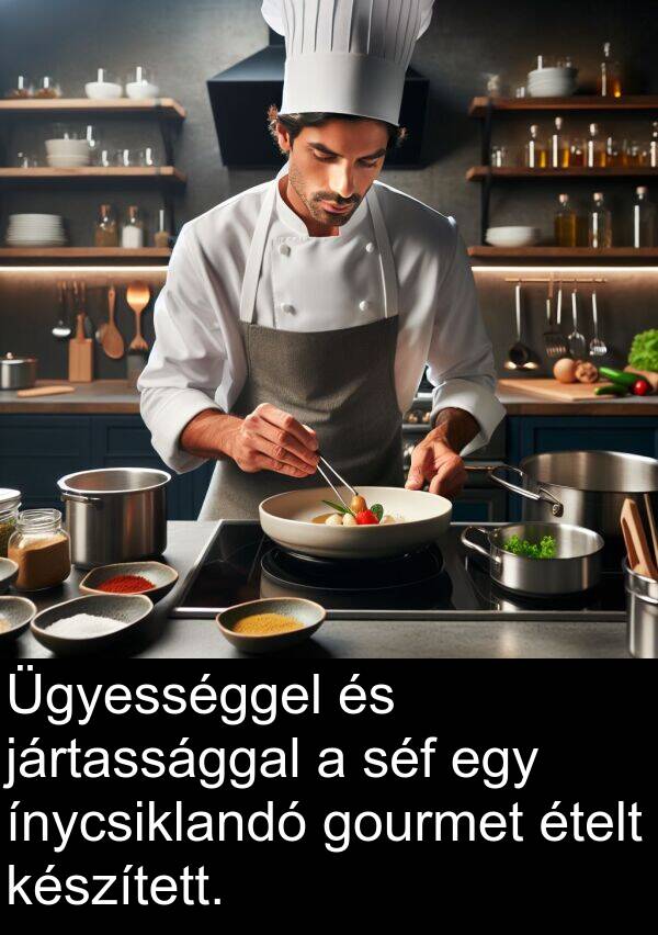 séf: Ügyességgel és jártassággal a séf egy ínycsiklandó gourmet ételt készített.
