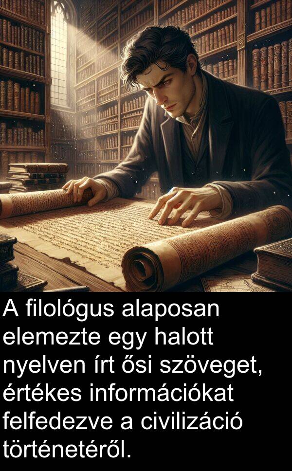 civilizáció: A filológus alaposan elemezte egy halott nyelven írt ősi szöveget, értékes információkat felfedezve a civilizáció történetéről.