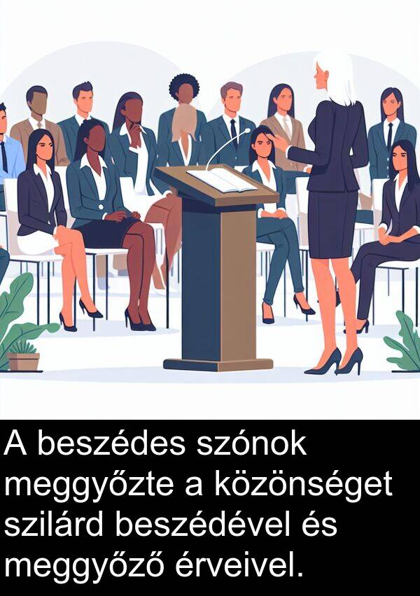 meggyőzte: A beszédes szónok meggyőzte a közönséget szilárd beszédével és meggyőző érveivel.
