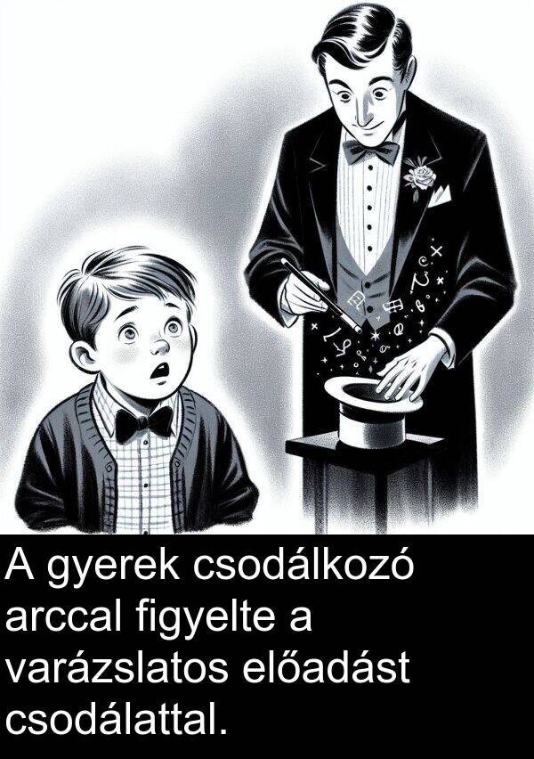 csodálattal: A gyerek csodálkozó arccal figyelte a varázslatos előadást csodálattal.