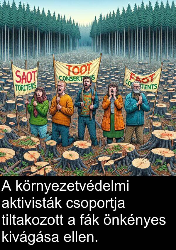 csoportja: A környezetvédelmi aktivisták csoportja tiltakozott a fák önkényes kivágása ellen.