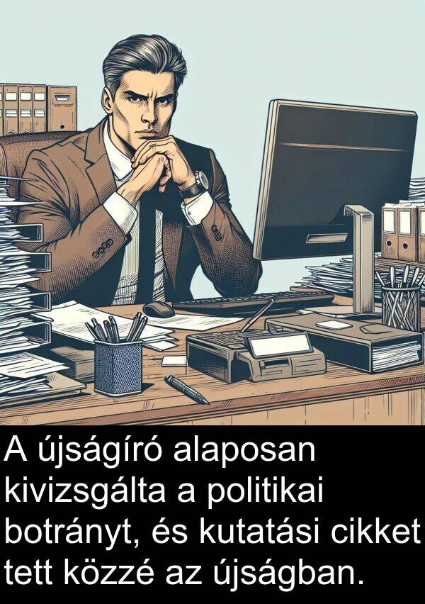 cikket: A újságíró alaposan kivizsgálta a politikai botrányt, és kutatási cikket tett közzé az újságban.
