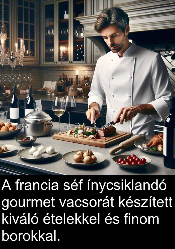 séf: A francia séf ínycsiklandó gourmet vacsorát készített kiváló ételekkel és finom borokkal.