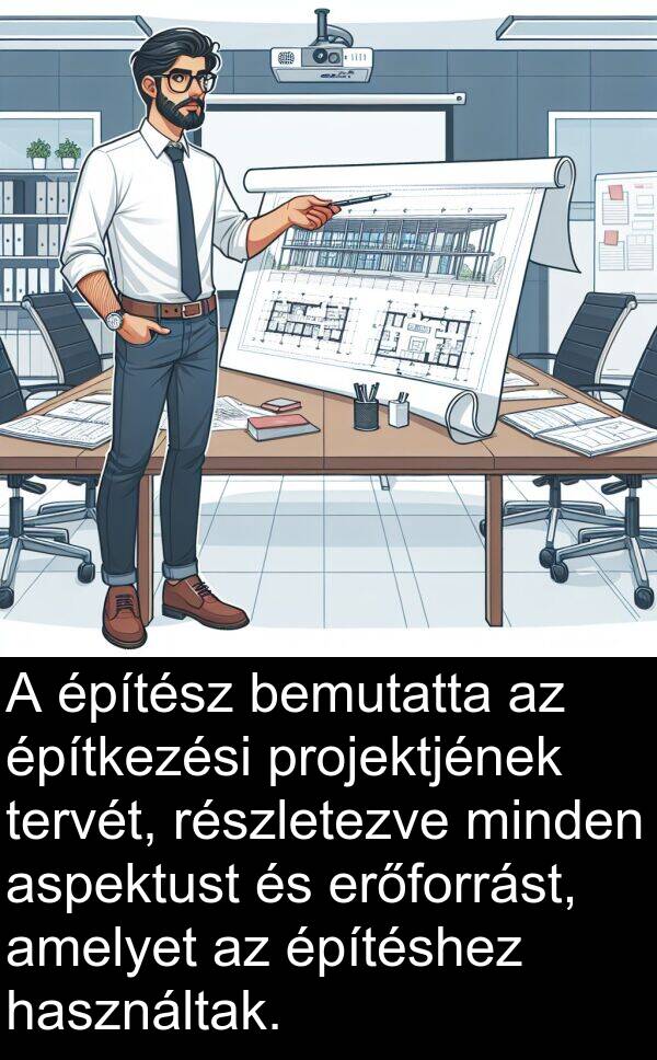 projektjének: A építész bemutatta az építkezési projektjének tervét, részletezve minden aspektust és erőforrást, amelyet az építéshez használtak.