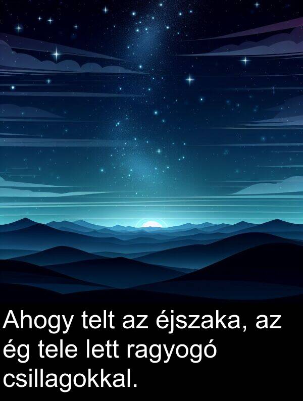ragyogó: Ahogy telt az éjszaka, az ég tele lett ragyogó csillagokkal.
