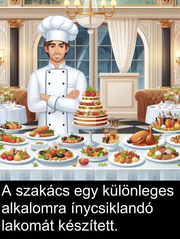 szakács: A szakács egy különleges alkalomra ínycsiklandó lakomát készített.