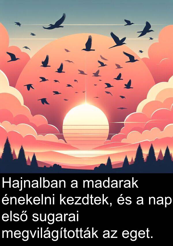 madarak: Hajnalban a madarak énekelni kezdtek, és a nap első sugarai megvilágították az eget.