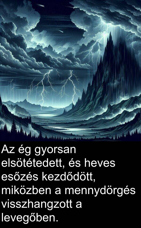 heves: Az ég gyorsan elsötétedett, és heves esőzés kezdődött, miközben a mennydörgés visszhangzott a levegőben.