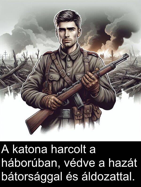 háborúban: A katona harcolt a háborúban, védve a hazát bátorsággal és áldozattal.