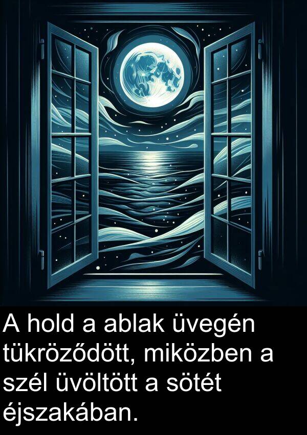 ablak: A hold a ablak üvegén tükröződött, miközben a szél üvöltött a sötét éjszakában.