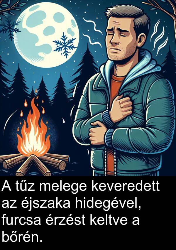 tűz: A tűz melege keveredett az éjszaka hidegével, furcsa érzést keltve a bőrén.