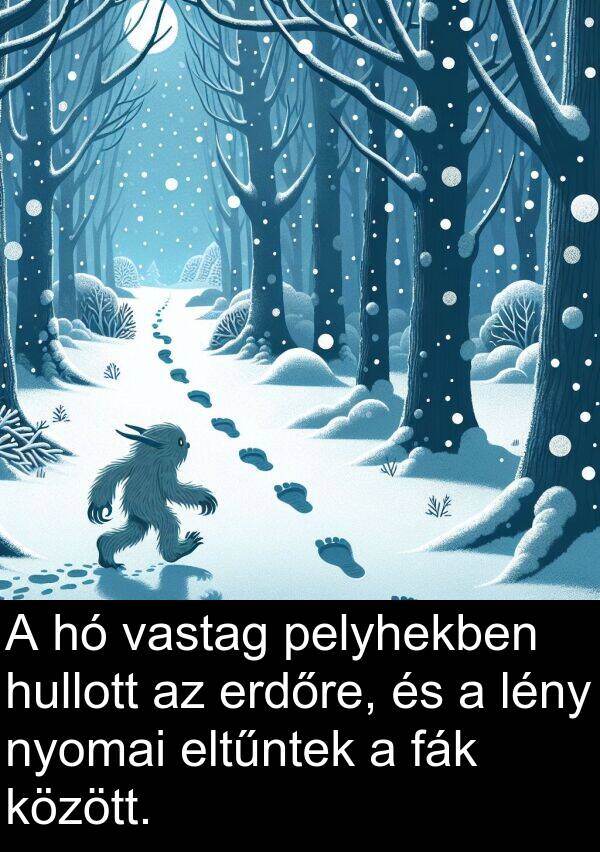 pelyhekben: A hó vastag pelyhekben hullott az erdőre, és a lény nyomai eltűntek a fák között.