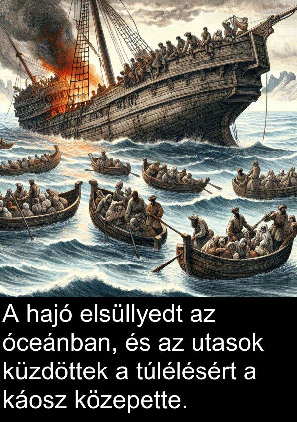 óceánban: A hajó elsüllyedt az óceánban, és az utasok küzdöttek a túlélésért a káosz közepette.
