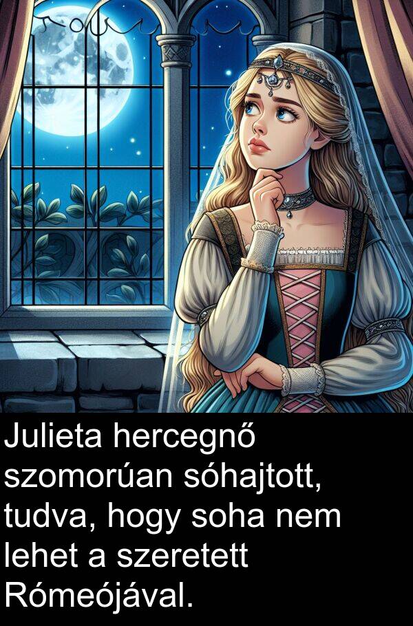 sóhajtott: Julieta hercegnő szomorúan sóhajtott, tudva, hogy soha nem lehet a szeretett Rómeójával.