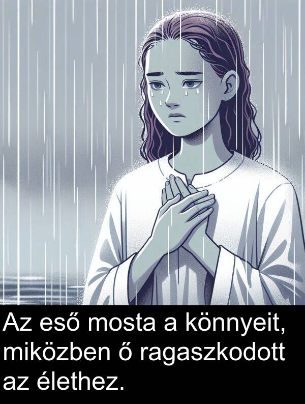 ragaszkodott: Az eső mosta a könnyeit, miközben ő ragaszkodott az élethez.