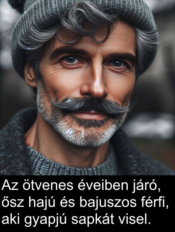 járó: Az ötvenes éveiben járó, ősz hajú és bajuszos férfi, aki gyapjú sapkát visel.