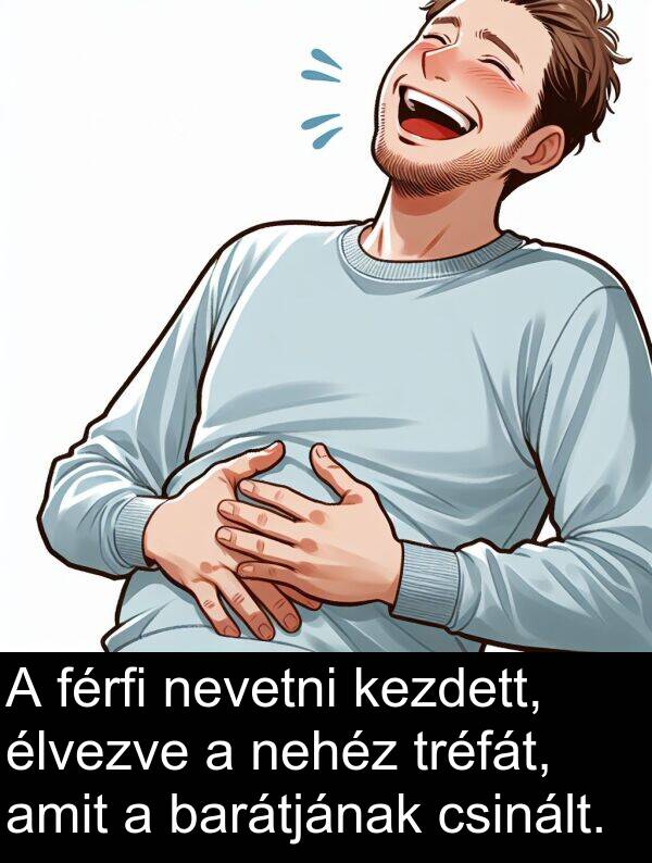 csinált: A férfi nevetni kezdett, élvezve a nehéz tréfát, amit a barátjának csinált.