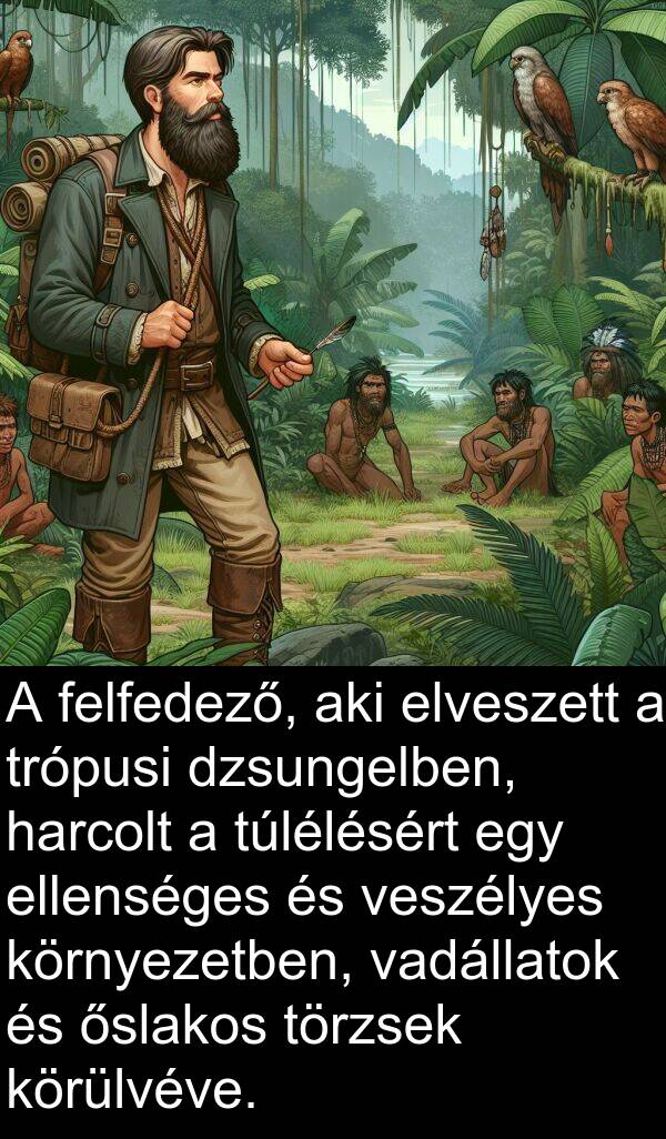 vadállatok: A felfedező, aki elveszett a trópusi dzsungelben, harcolt a túlélésért egy ellenséges és veszélyes környezetben, vadállatok és őslakos törzsek körülvéve.