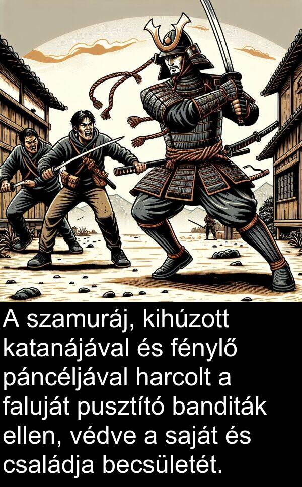 páncéljával: A szamuráj, kihúzott katanájával és fénylő páncéljával harcolt a faluját pusztító banditák ellen, védve a saját és családja becsületét.