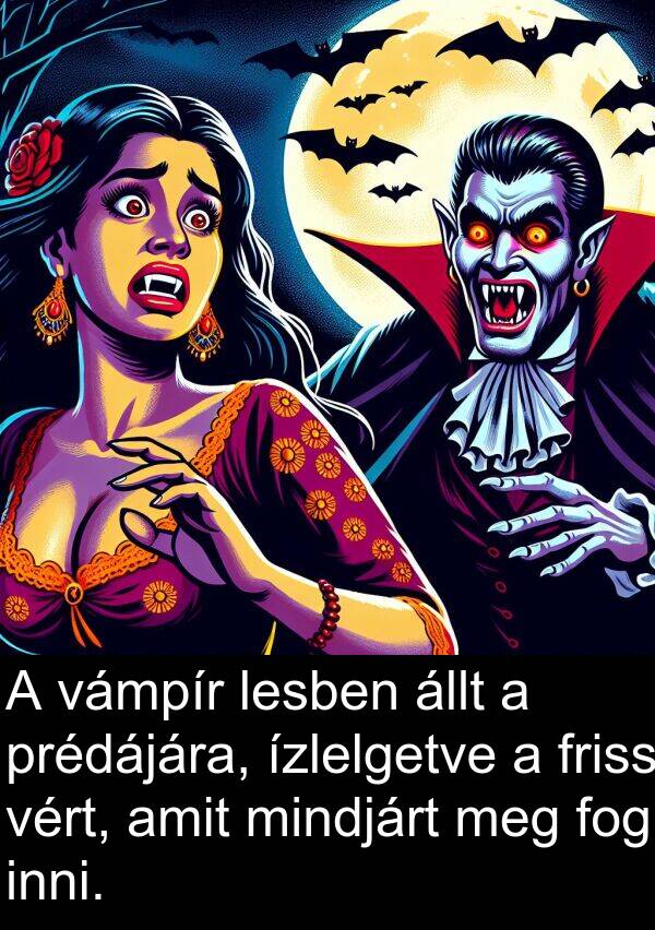 prédájára: A vámpír lesben állt a prédájára, ízlelgetve a friss vért, amit mindjárt meg fog inni.