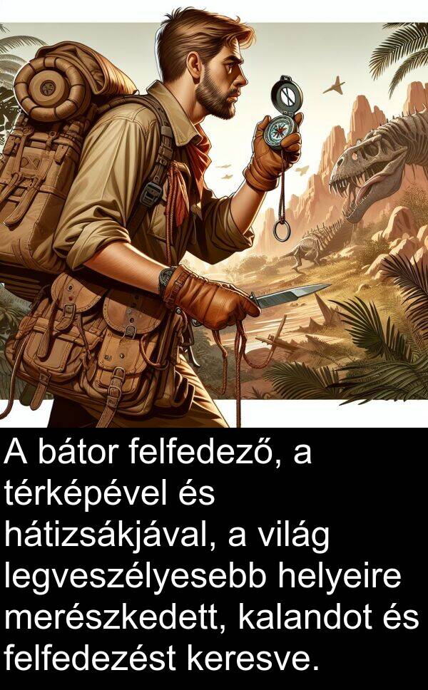 merészkedett: A bátor felfedező, a térképével és hátizsákjával, a világ legveszélyesebb helyeire merészkedett, kalandot és felfedezést keresve.