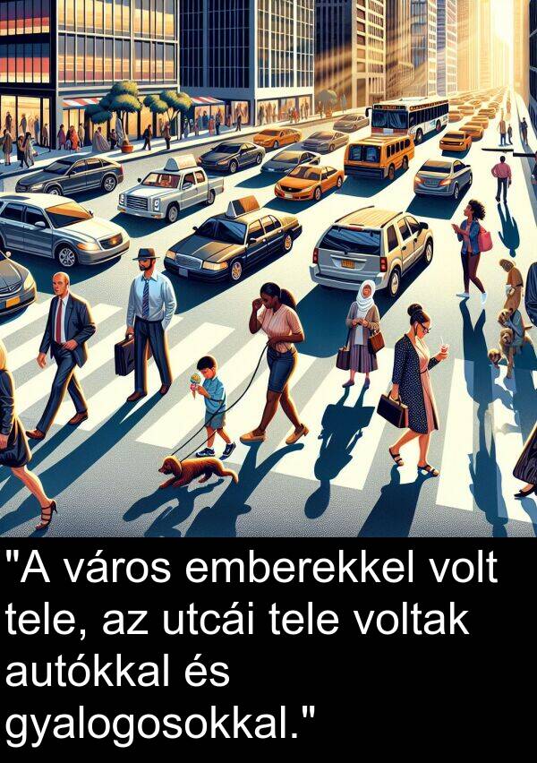 utcái: "A város emberekkel volt tele, az utcái tele voltak autókkal és gyalogosokkal."