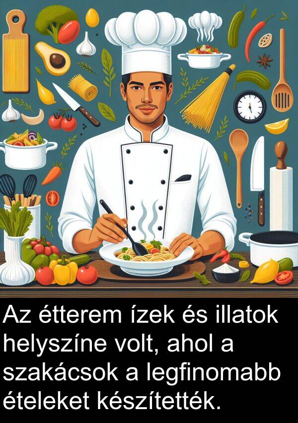 helyszíne: Az étterem ízek és illatok helyszíne volt, ahol a szakácsok a legfinomabb ételeket készítették.