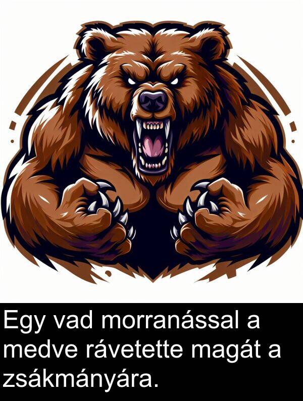 magát: Egy vad morranással a medve rávetette magát a zsákmányára.