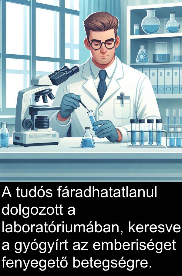 dolgozott: A tudós fáradhatatlanul dolgozott a laboratóriumában, keresve a gyógyírt az emberiséget fenyegető betegségre.