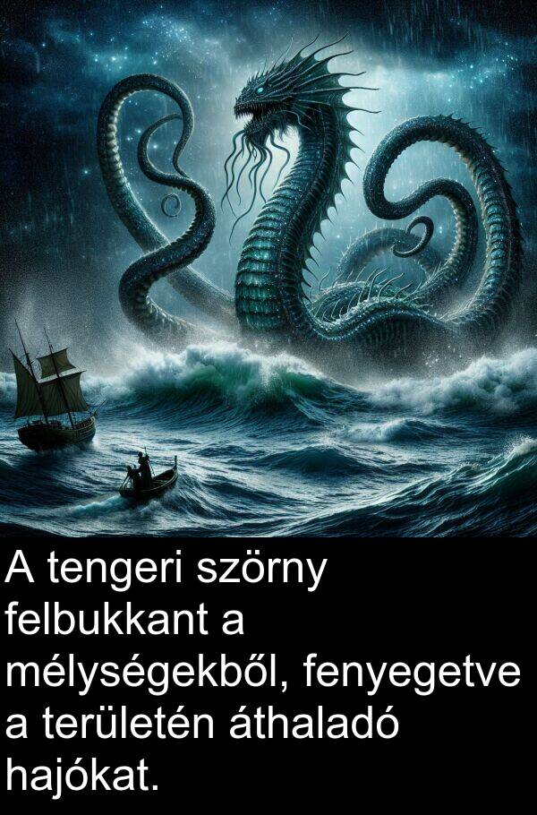 szörny: A tengeri szörny felbukkant a mélységekből, fenyegetve a területén áthaladó hajókat.