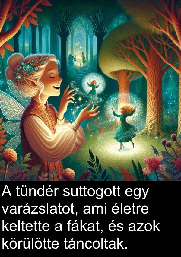 tündér: A tündér suttogott egy varázslatot, ami életre keltette a fákat, és azok körülötte táncoltak.